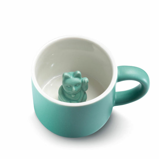 Donkey Products Animal Mug Maneki Neko, Lucky Mug, Cup with Cat, Porcelain, Turquoise, 150 ml, 210347