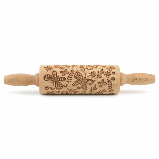 Folkroll rolling pin butterflies, junior, 23 cm, rolling pin, embossing roll, pattern, motif, roll, beech wood, 330562