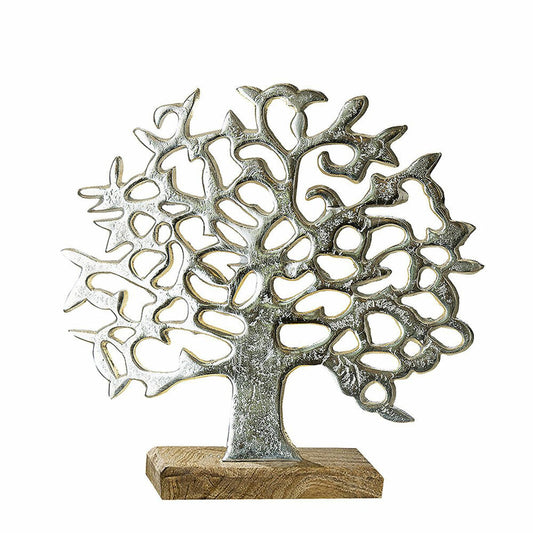 Gilde Tree of Life on wooden base, decoration, decorative object, sculpture, aluminum / mango wood, H 46 cm, 48183