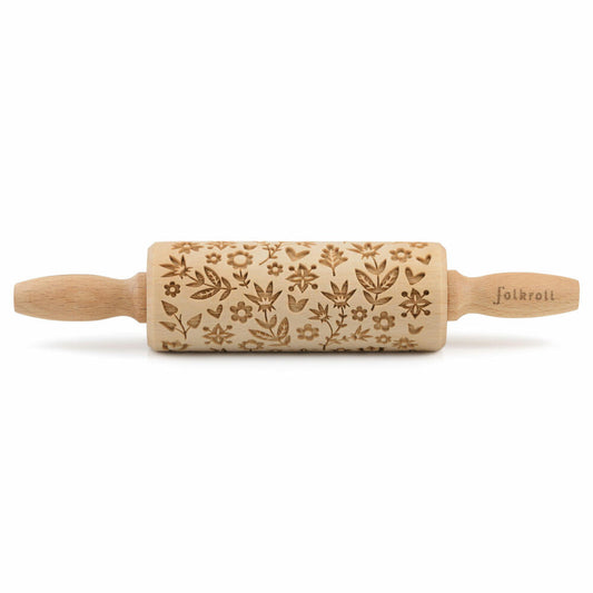 Folkroll rolling pin Flower Power, junior, 23 cm, rolling pin, embossing roll, pattern, motif, roll, beech wood, 331156