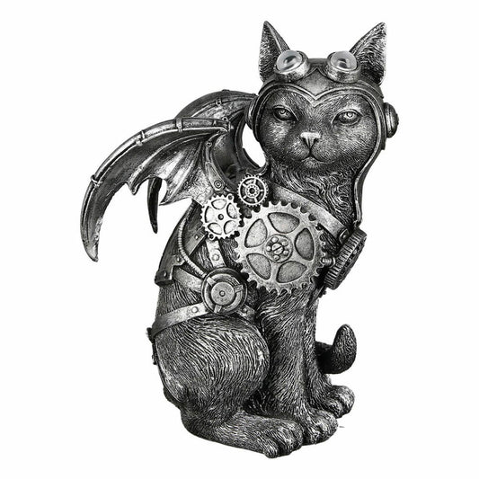 Casablanca by Gilde Poly Sculpture Steampunk Cat, cat, decorative figure, decoration, synthetic resin, silver, H 24 cm, 89352