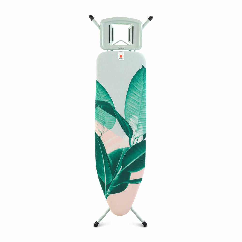 Brabantia Streckmetall Bügeltisch mit Dampfstopmulde Solide, Bügel Tisch, Bügelbrett, Tropical Leaves / Fresh White, 124 x 38 cm, 118364