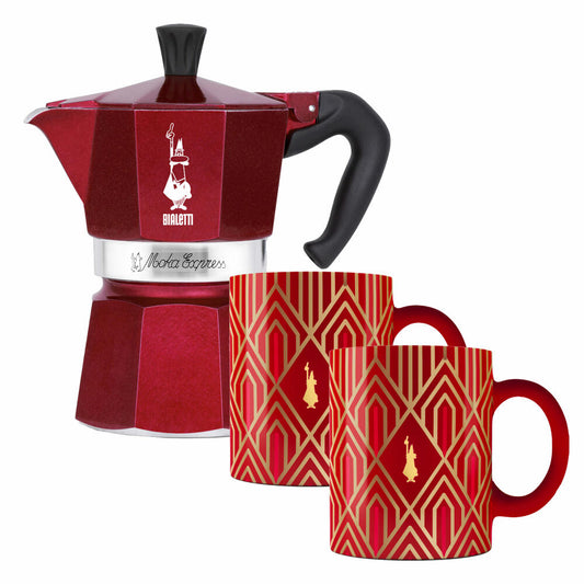 Bialetti Deco Glamour Espresso Maker Moka Express, 3-piece, for 6 cups, Espresso Maker, Incl. 2 Mugs, Red, 9910