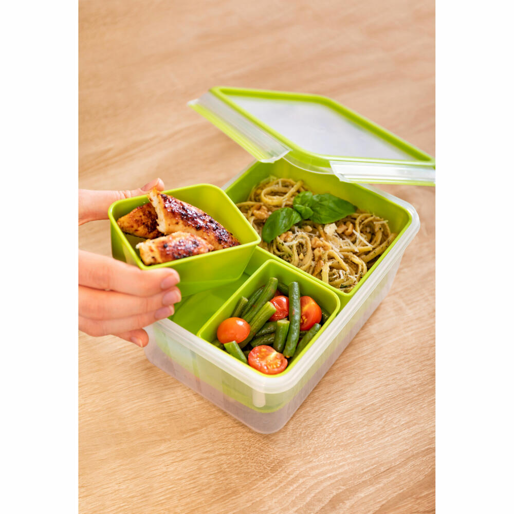 Emsa Lunchbox Clip & Go XL, Speisebehälter mit 3 Einsätzen, Brotdose, Kunststoff, Grün, 2.2 Liter, N1071600