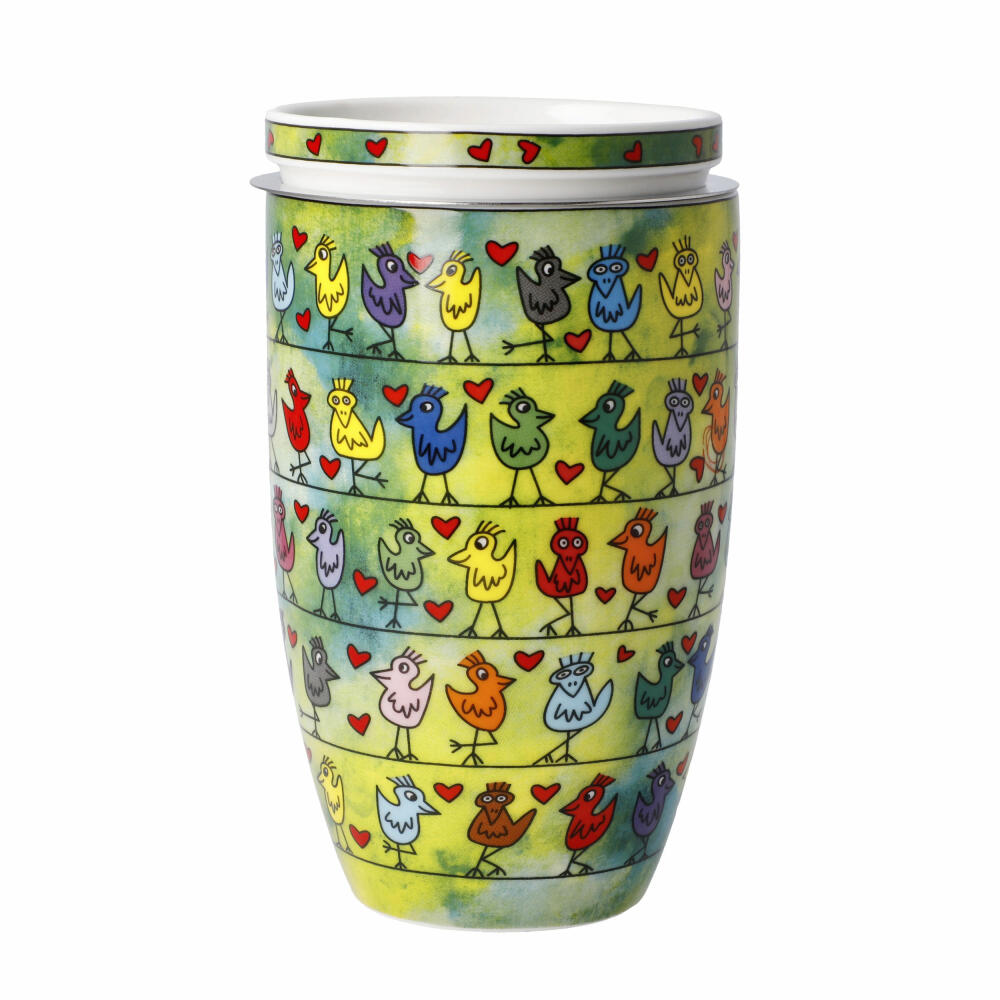 Goebel Teetasse mit Deckel und Sieb James Rizzi - Birds on a Love Wire, Pop Art, Fine Bone China, Bunt, 450 ml, 26103151