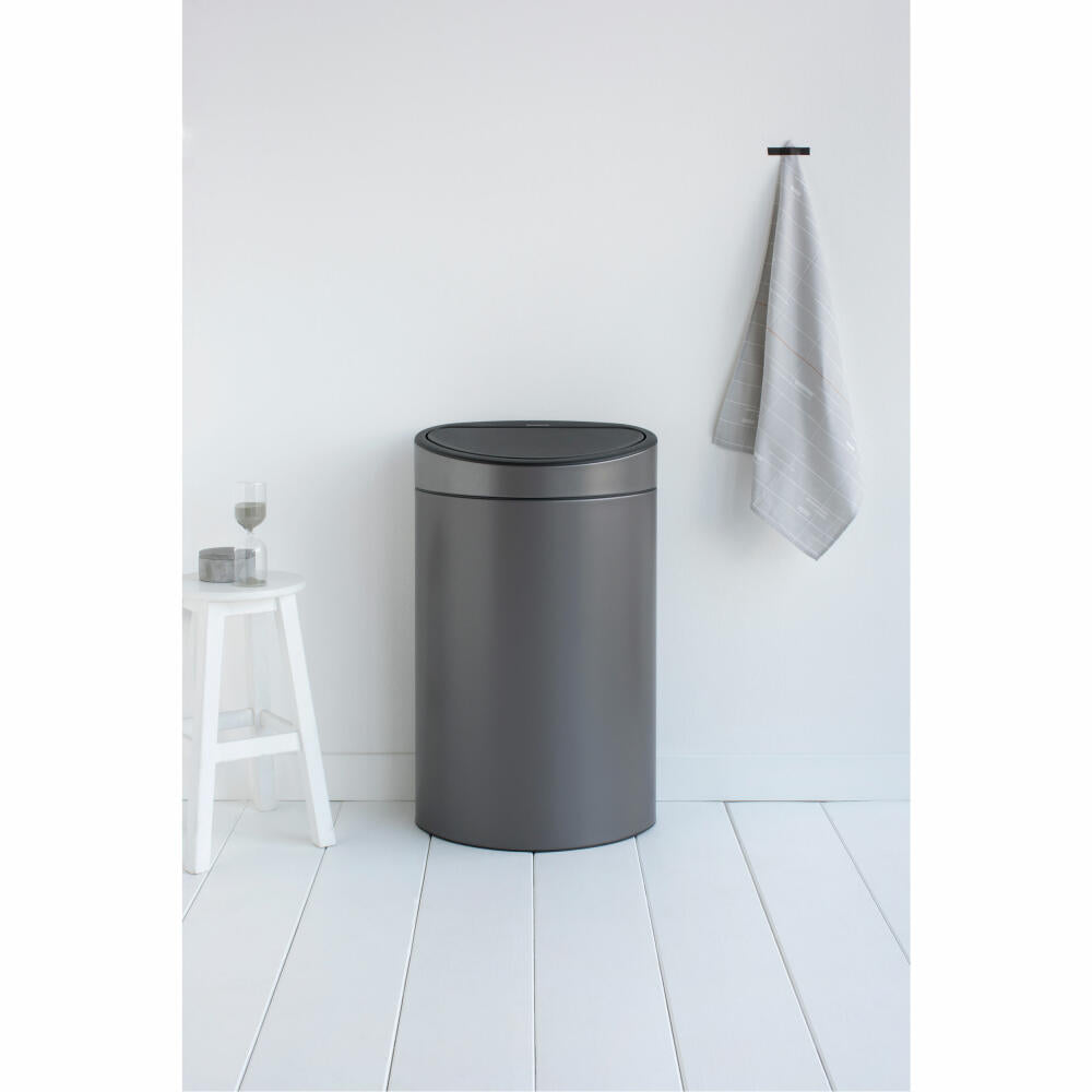 Brabantia Touch Bin waste container with plastic insert, trash can, garbage bucket, platinum / lid platinum, 40 L, 114908