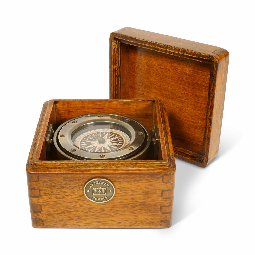Authentic Models Compass Lifeboat, lifeboat compass in wooden box, wood, brass, glass, CO015