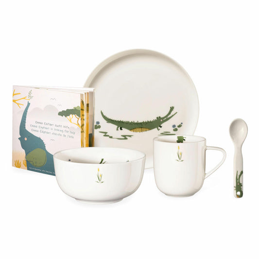 ASA Selection kids 5-teiliges Kindergeschirrset, Croco Krokodil, Kindergedeck mit Buch, Fine Bone China, Bunt, in Geschenkbox, 38951314