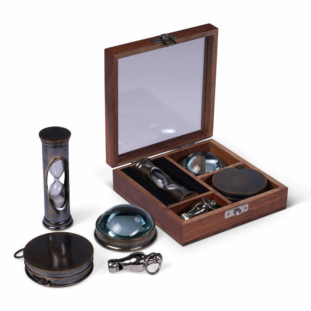 Authentic Models The Wallace Gift Box, 4-piece, hourglass, compass, fisheye magnifying glass, pipe, wood / brass / glass, GB004