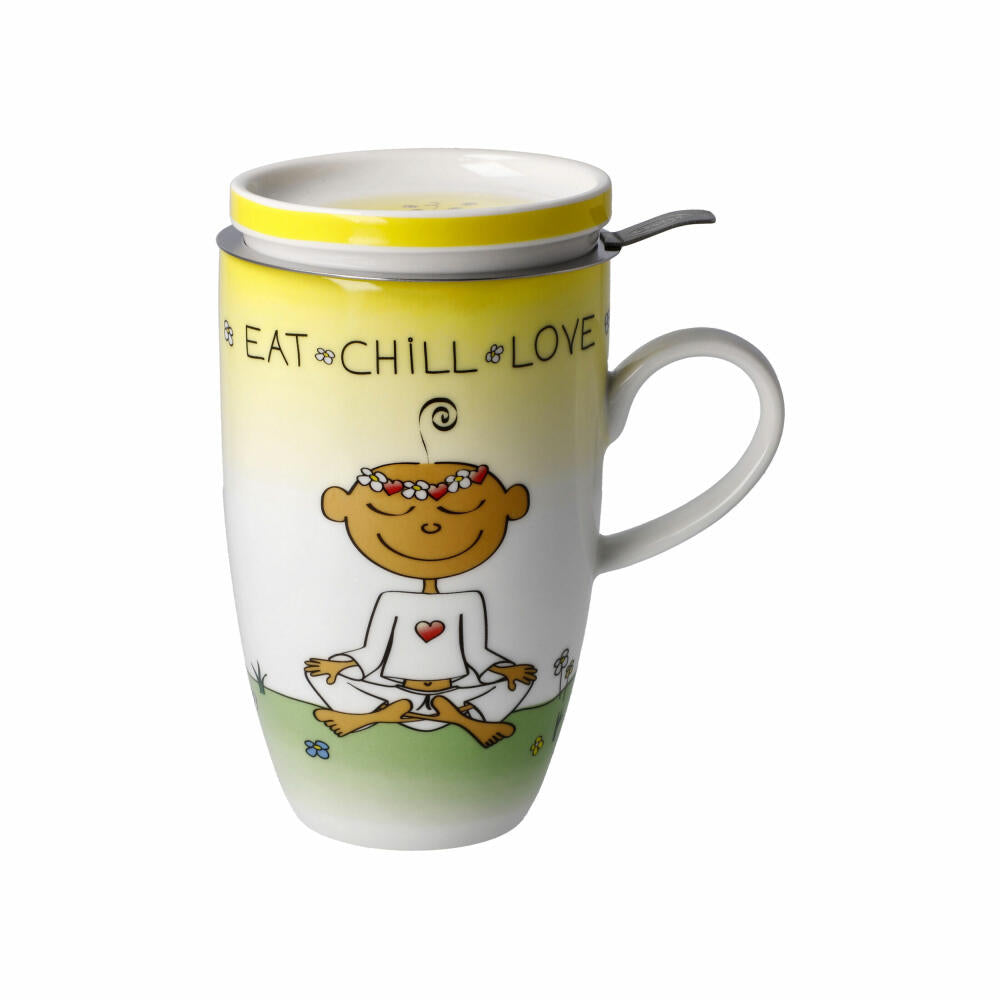 Goebel Teetasse mit Deckel und Sieb Der kleine Yogi - Eat Chill Love, Becher, Fine Bone China, Bunt, 450 ml, 54102831