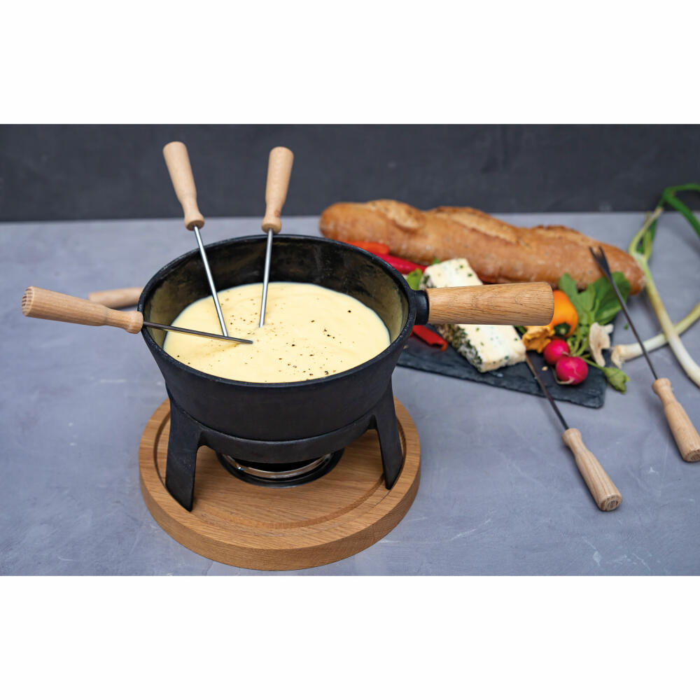 Boska Fondue Pro Set L, Käsefondue, Fondue-Set, Fonduetopf, Gusseisen, Eichenholz, Edelstahl, Schwarz, 1.5 L, 853551