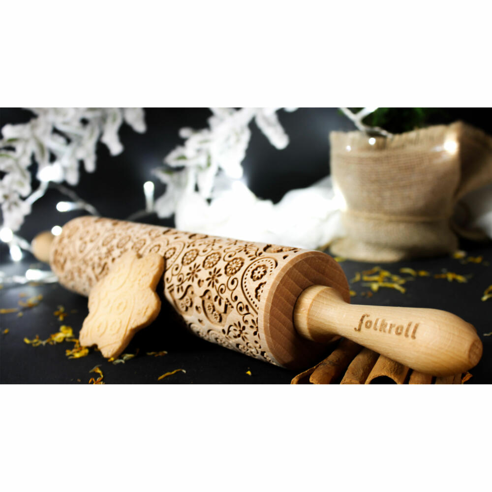 Folkroll rolling pin Folk pigeons, large, 43 cm, rolling pin, embossing roll, pattern, motif, roll, beech wood, 330234