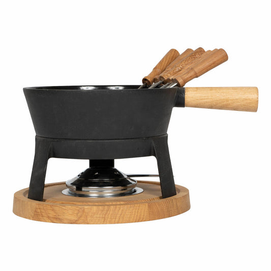 Boska Fondue Pro Set L, Käsefondue, Fondue-Set, Fonduetopf, Gusseisen, Eichenholz, Edelstahl, Schwarz, 1.5 L, 853551