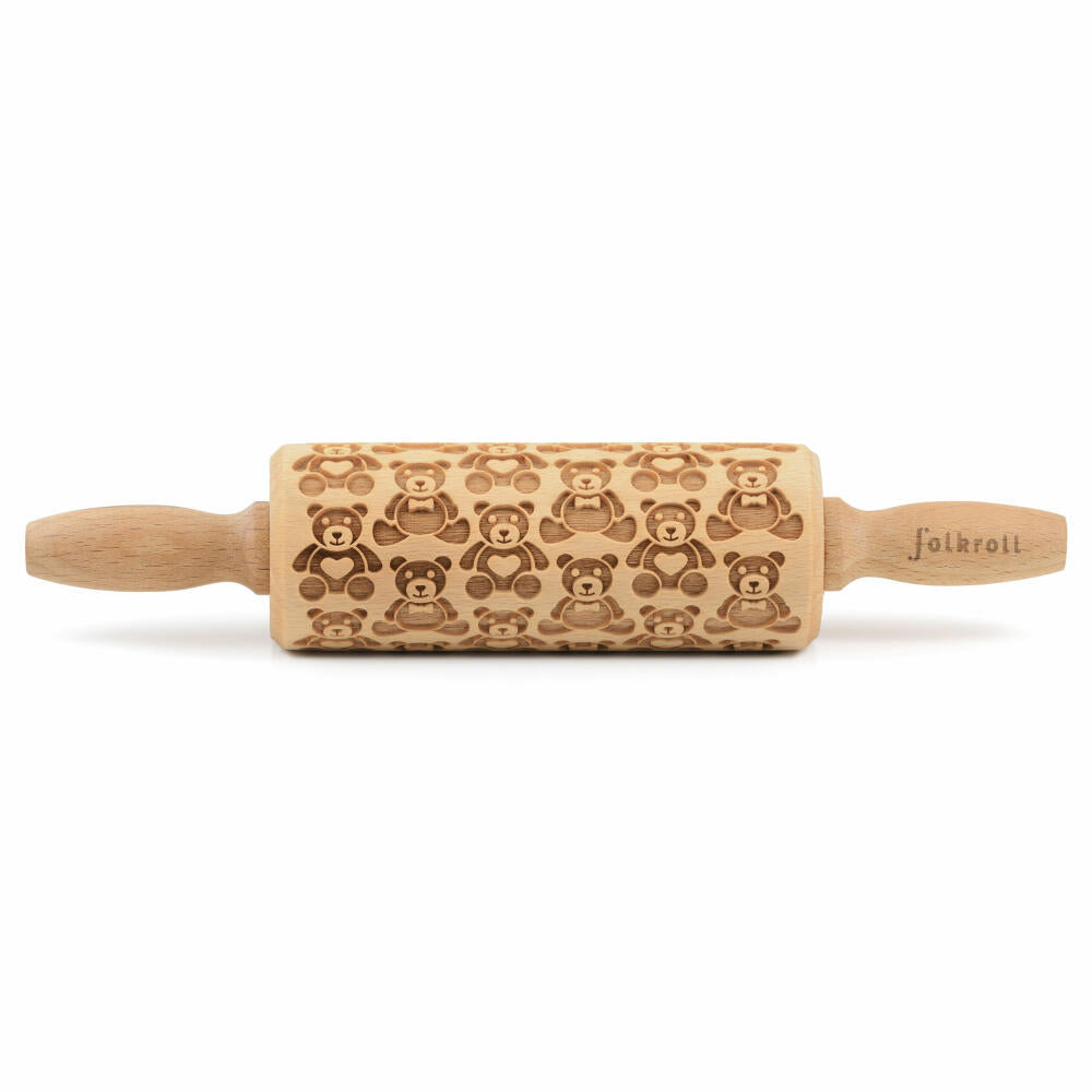 Folkroll rolling pin teddy bears, junior, 23 cm, rolling pin, embossing roll, pattern, motif, roll, beech wood, 331682