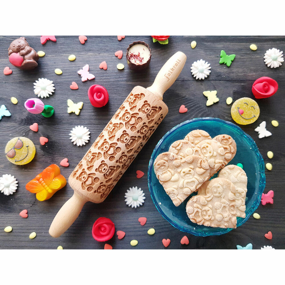 Folkroll rolling pin teddy bears, junior, 23 cm, rolling pin, embossing roll, pattern, motif, roll, beech wood, 331682