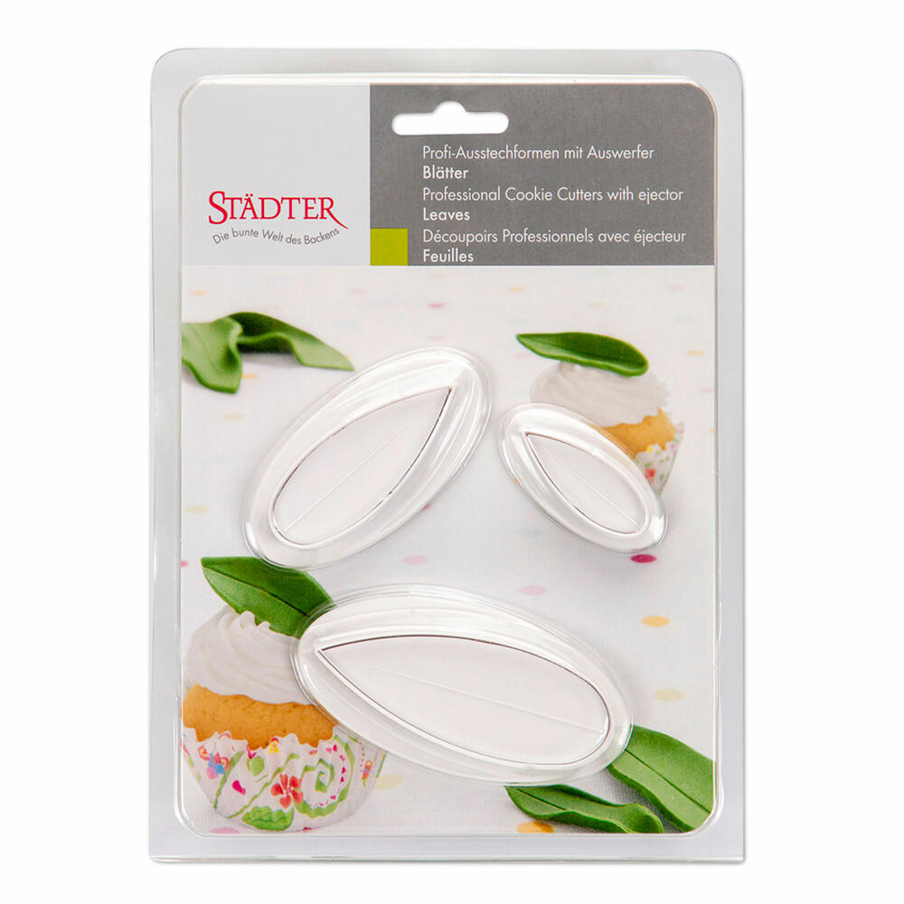 Städter professional cookie cutter with ejector leaves set, 3-piece, cookie cutter, fondant, marzipan shape, 40 / 60 / 80 mm, 170292