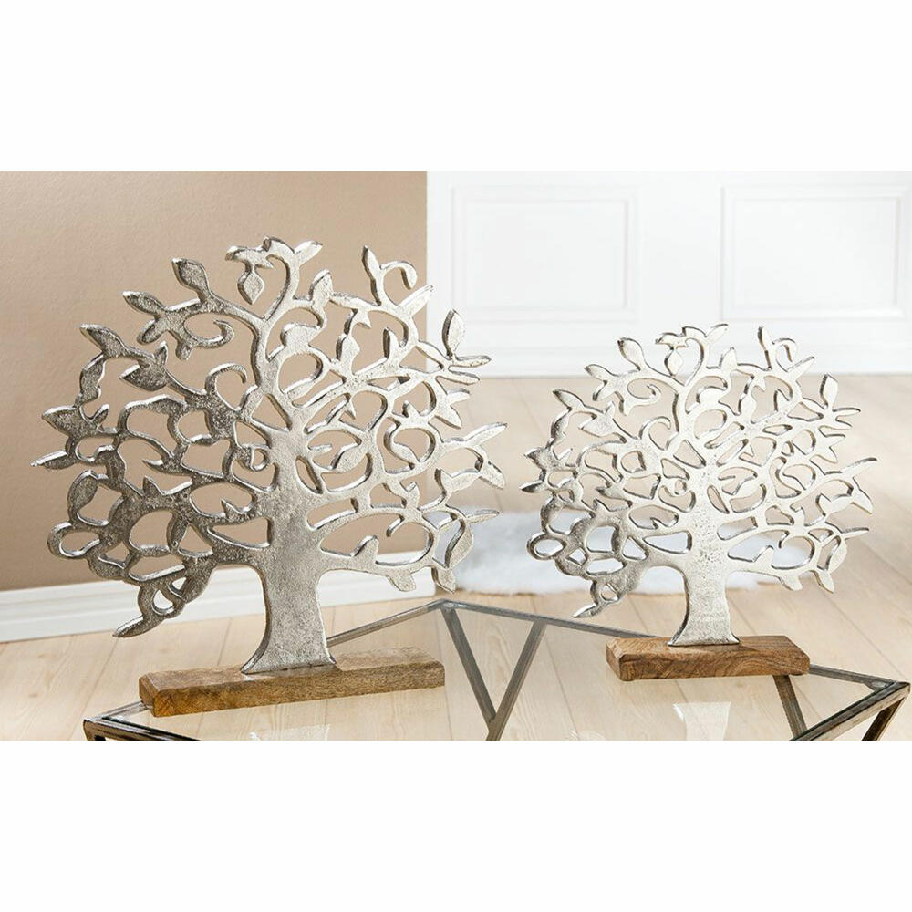 Gilde Tree of Life on wooden base, decoration, decorative object, sculpture, aluminum / mango wood, H 37 cm, 48182