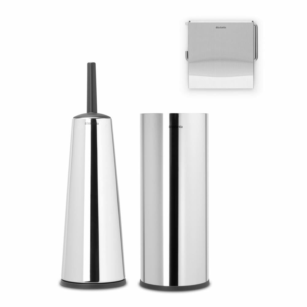 Brabantia Toilettenzubehör-Set ReNew 3-tlg., Bürste, Spender, Rollenhalter, Stahl, Kunststoff, Brilliant Steel, 280689