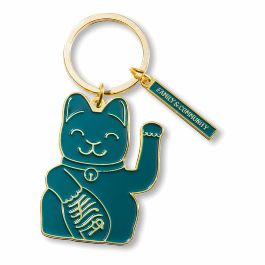 Donkey Products Lucky Cat Key Ring Green, Schlüsselanhänger, Schlüsselring, Motiv Winkekatze, Talisman Katze, Maneki Neko, Familie und Gemeinschaft, Messing, Grün / Goldfarben, ca. 12.5 cm, 400931