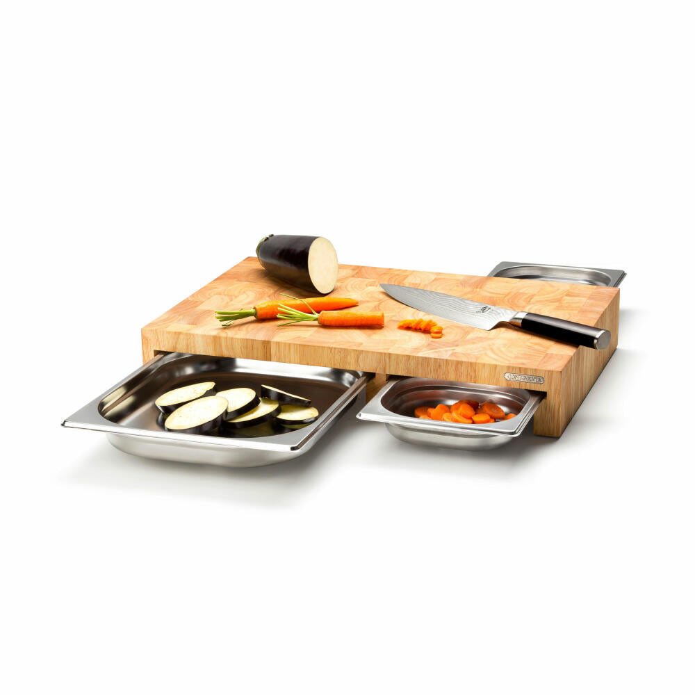 Continenta multifunctional board end grain with 3 stainless steel drawers, 4-piece, rubberwood, stainless steel, 50 x 32.5 x 8.5 cm, 4028