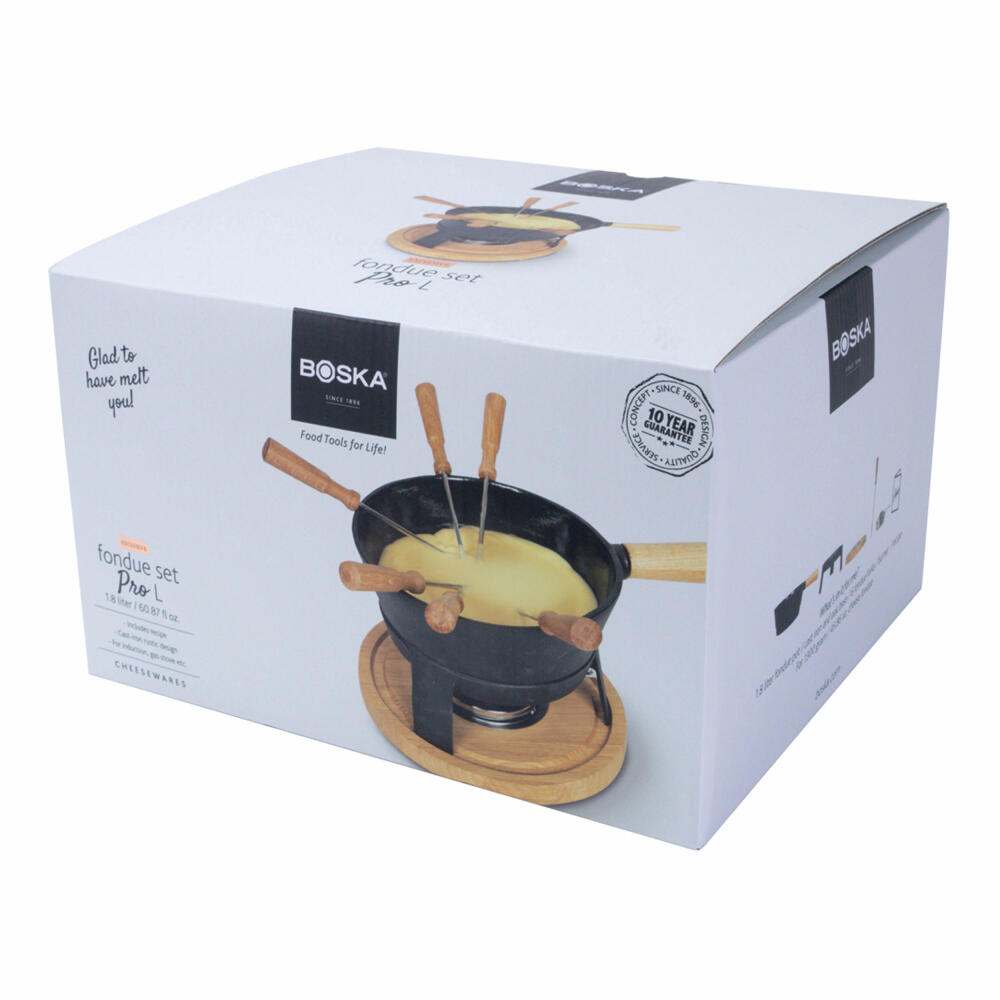 Boska Fondue Pro Set L, Käsefondue, Fondue-Set, Fonduetopf, Gusseisen, Eichenholz, Edelstahl, Schwarz, 1.5 L, 853551