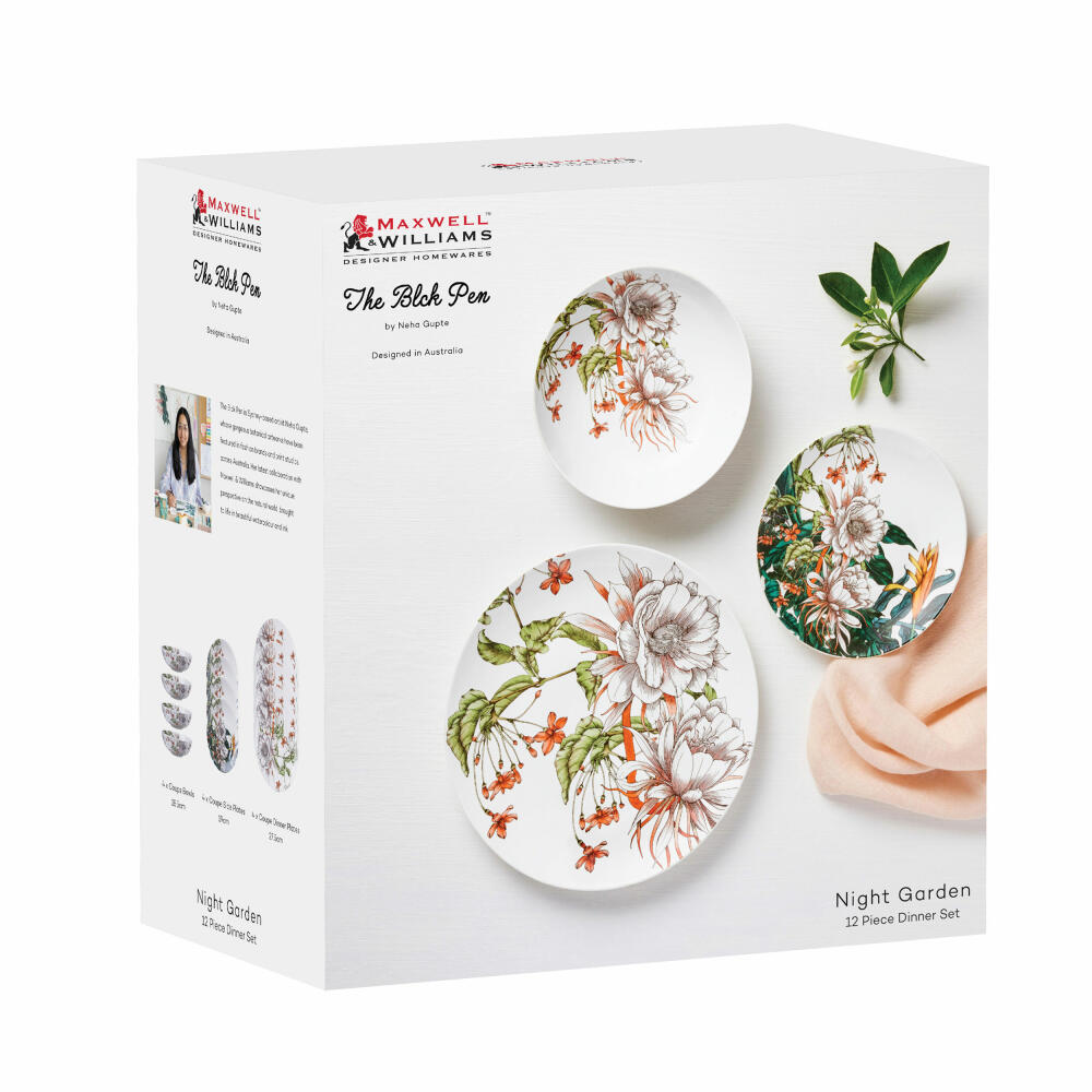 Maxwell &amp; Williams Dinner Set Night Garden - Flowers 12-piece, Tableware Set, Plates, Bowls, Porcelain, II0093