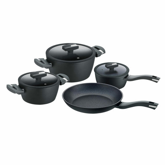 Berndes Balance Induction Enduro cooking pot set, 7-piece, pot set, cooking pot, saucepan, glass lid, frying pan, non-stick coating, aluminum, black, 0019886287