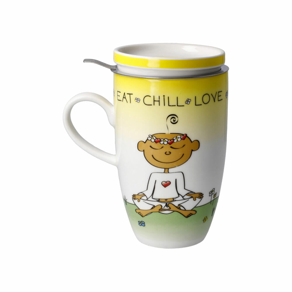 Goebel Teetasse mit Deckel und Sieb Der kleine Yogi - Eat Chill Love, Becher, Fine Bone China, Bunt, 450 ml, 54102831