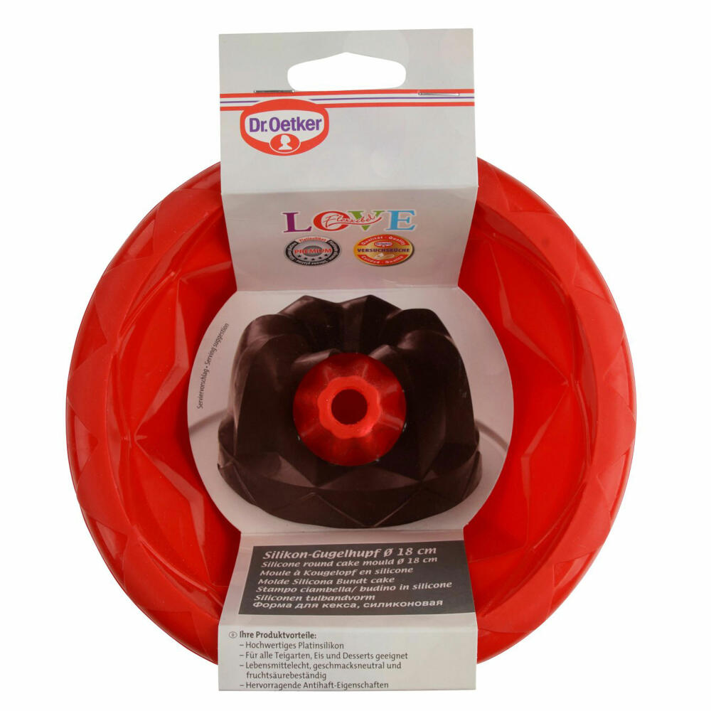 Dr. Oetker Silikon-Gugelhupfform Flexxibel Love 18 cm, Backform, Kuchenform, Platinsilikon, Rot, 1249