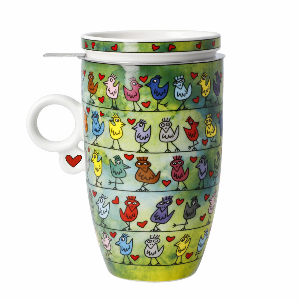 Goebel Teetasse mit Deckel und Sieb James Rizzi - Birds on a Love Wire, Pop Art, Fine Bone China, Bunt, 450 ml, 26103151