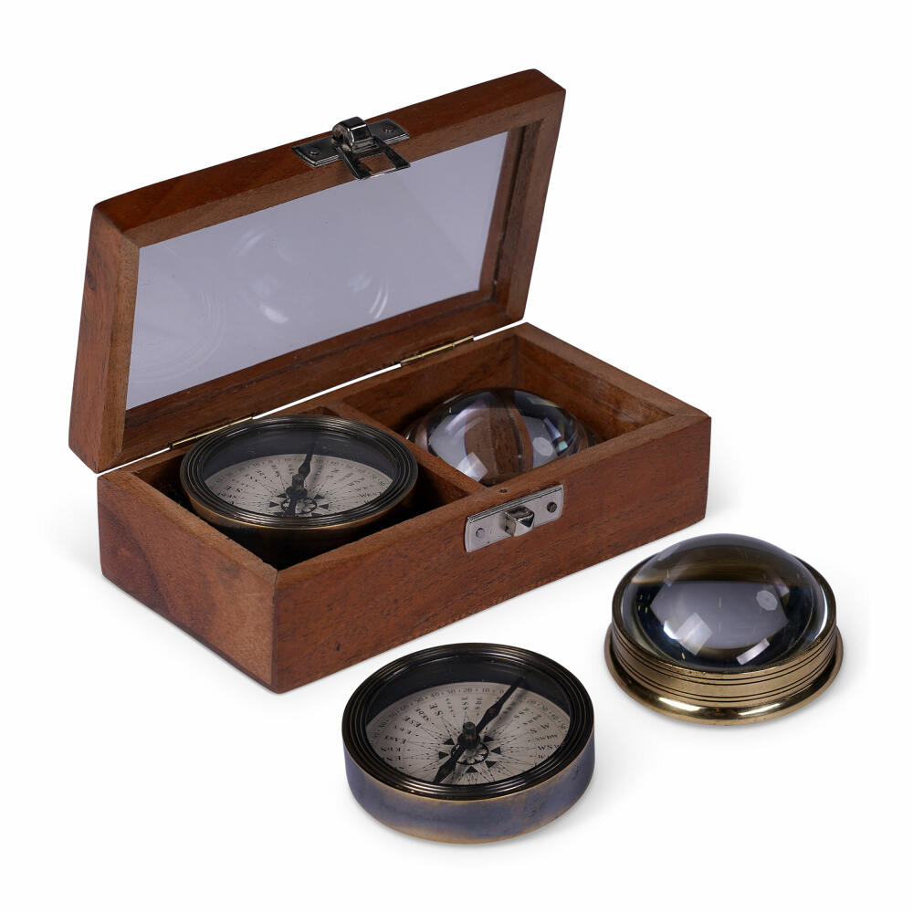 Authentic Models The Darwin Gift Box, 2-piece, compass, fisheye magnifying glass, decoration, wood / brass / glass, GB001