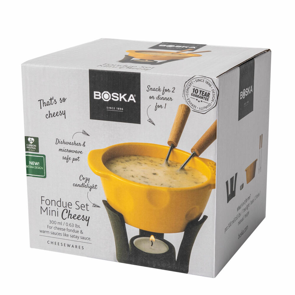 Boska Fondue Set Mini Cheesy, Fonduetopf mit Gestell und 2 Gabeln, Gusseisen, Keramik, Edelstahl, Buchenholz, Gelb, Schwarz, 300 ml, 853511