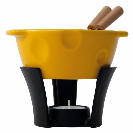 Boska Fondue Set Mini Cheesy, Fonduetopf mit Gestell und 2 Gabeln, Gusseisen, Keramik, Edelstahl, Buchenholz, Gelb, Schwarz, 300 ml, 853511