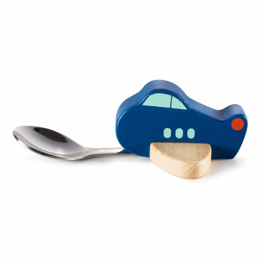 Donkey Products Children's Spoon Knatter, Airplane Spoon for Baby Food, Stainless Steel, Wood, Blue, 900123