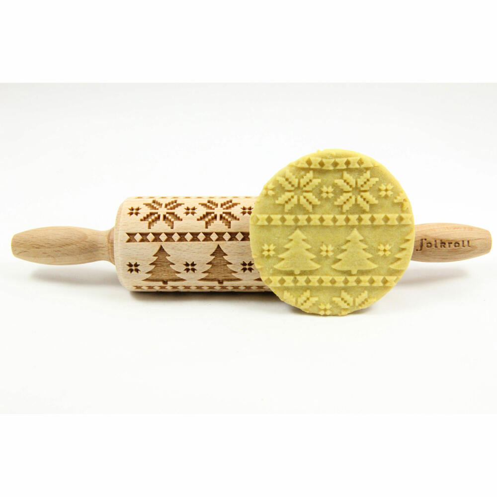 Folkroll rolling pin Scandinavia Christmas, junior, 23 cm, rolling pin, embossing roll, pattern, motif, roll, beech wood, 330494