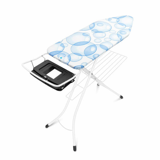 Brabantia Streckmetall Bügeltisch mit versenkbarer Dampfstationsablage und Wäscheablage, Perfect Flow, Bubbles / Fresh White, 124 x 45 cm, 103445