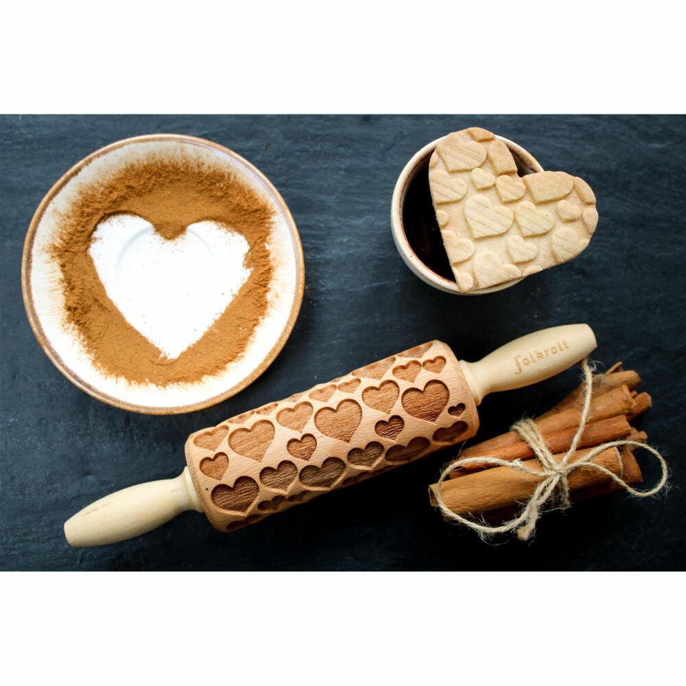 Folkroll rolling pin hearts, junior, 23 cm, rolling pin, embossing roll, pattern, motif, roll, beech wood, 331644