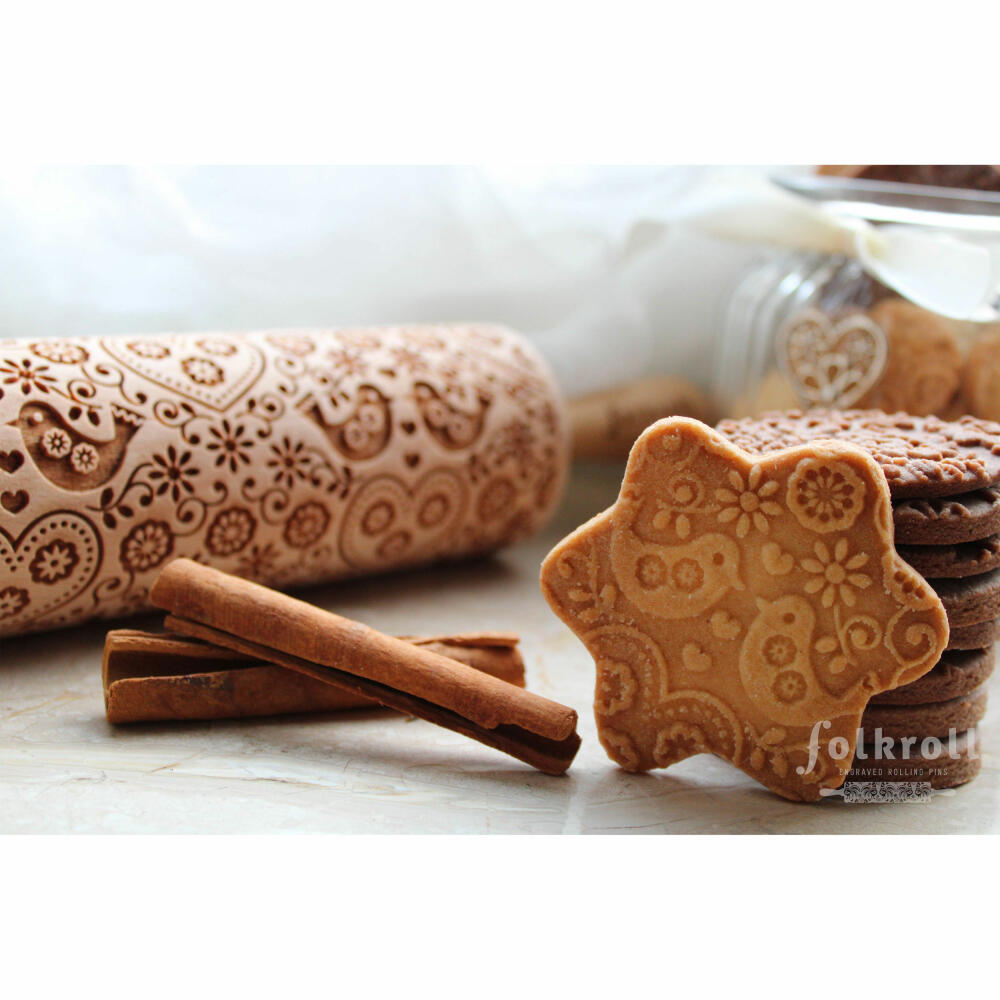 Folkroll rolling pin Folk pigeons, large, 43 cm, rolling pin, embossing roll, pattern, motif, roll, beech wood, 330234