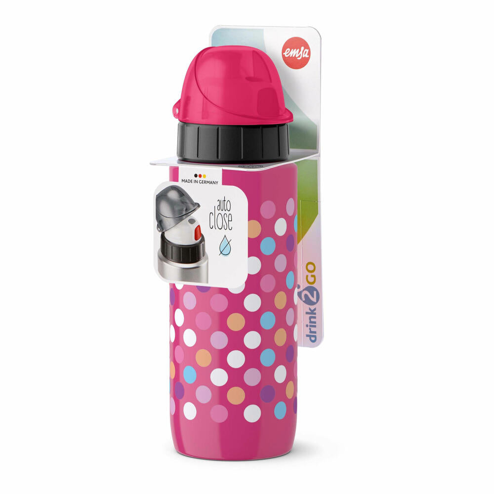 Emsa Drink2Go Light Steel Trinkflasche Dots, Trink Flasche, Getränkeflasche, Outdoorflasche, Edelstahl / Kunststoff, Pink, 600 ml, 518364