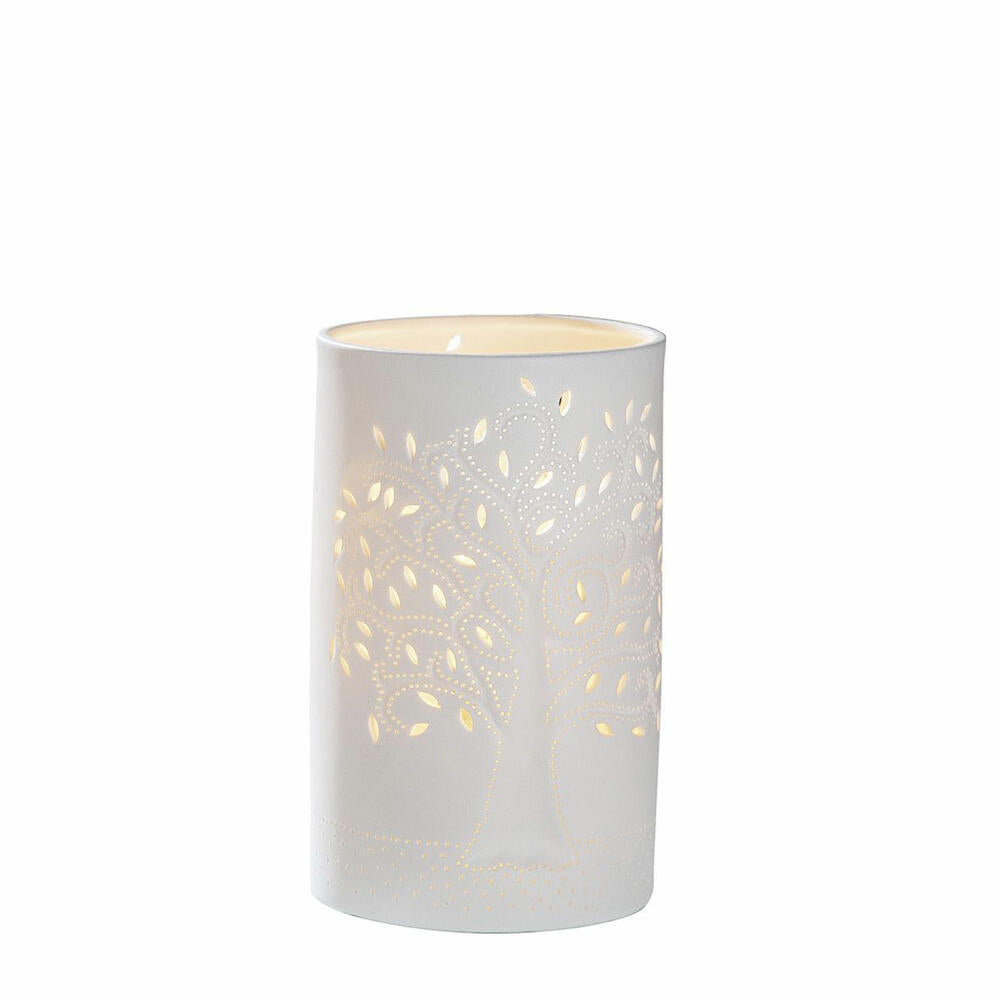 Gilde Lamp Cylinder Tree of Life, Decorative Lamp, Table Lamp, Table Lamp, Porcelain, White, H 20 cm, 34919