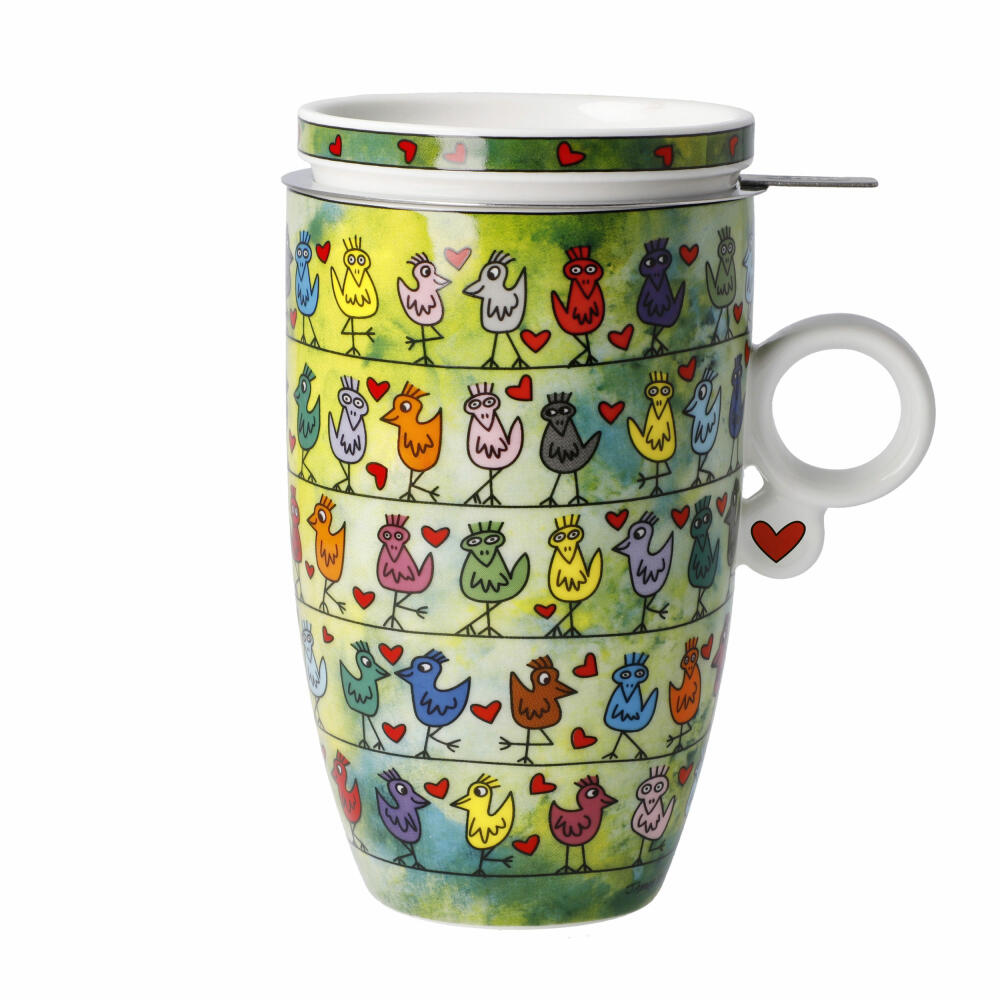 Goebel Teetasse mit Deckel und Sieb James Rizzi - Birds on a Love Wire, Pop Art, Fine Bone China, Bunt, 450 ml, 26103151