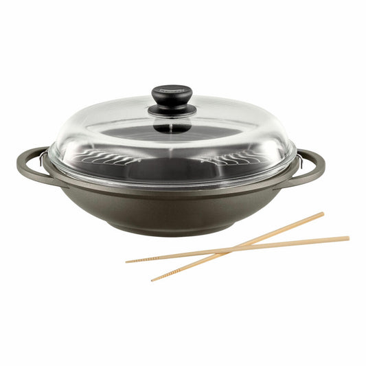 Berndes Bonanza Induction Wok with glass lid and accessories, non-stick coating, cast aluminum, gray, Ø 32 cm, 074983