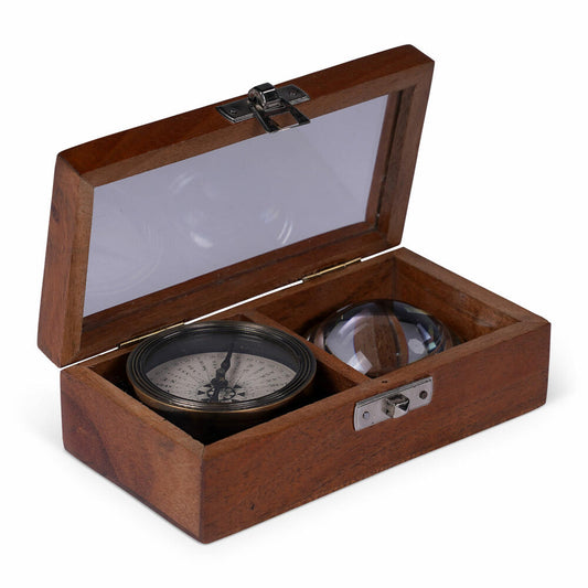 Authentic Models The Darwin Gift Box, 2-piece, compass, fisheye magnifying glass, decoration, wood / brass / glass, GB001