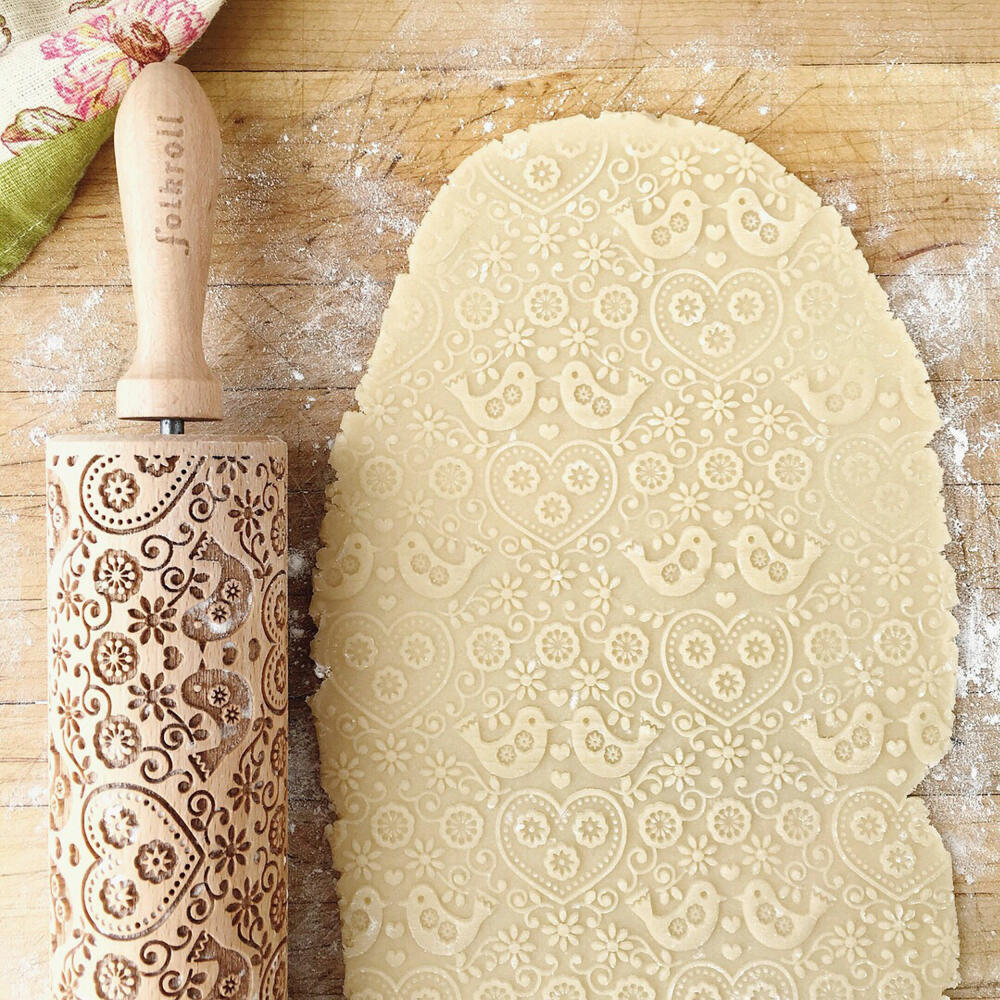 Folkroll rolling pin Folk pigeons, large, 43 cm, rolling pin, embossing roll, pattern, motif, roll, beech wood, 330234