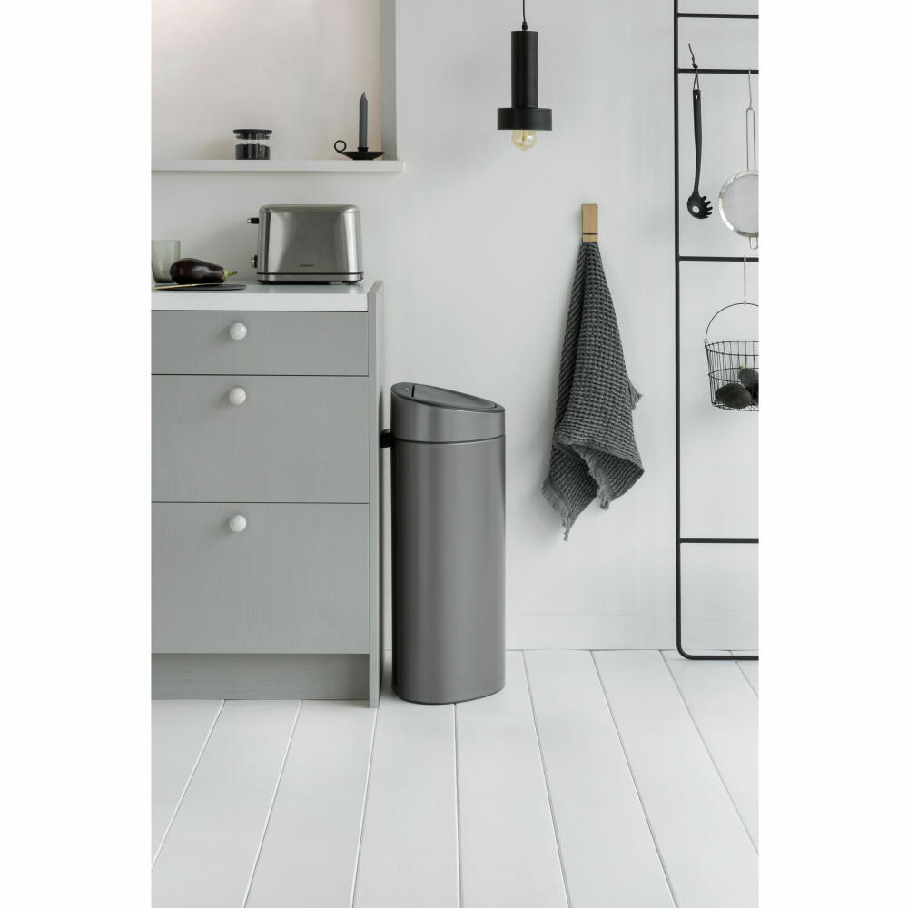 Brabantia Touch Bin waste container with plastic insert, trash can, garbage bucket, platinum / lid platinum, 40 L, 114908