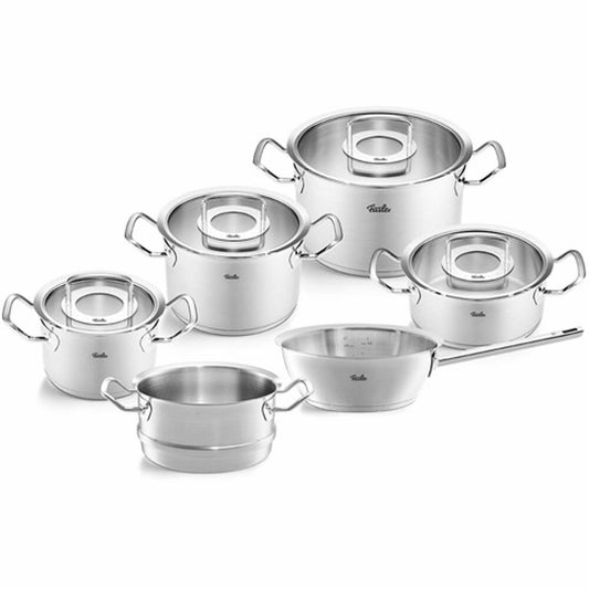 Fissler pot set Original-Profi Collection 6-piece with glass lids, 3 cooking pots + frying pan + sauté pan + steamer insert, stainless steel 18/10, silver, 084-779-06-000