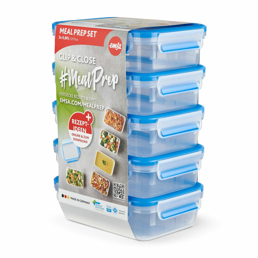 Emsa Meal Prep Set Clip & Close, 5-teilig, Vorratsdosen, Frischhaltedosen, Kunststoff, 5 x 800 ml, N1030700