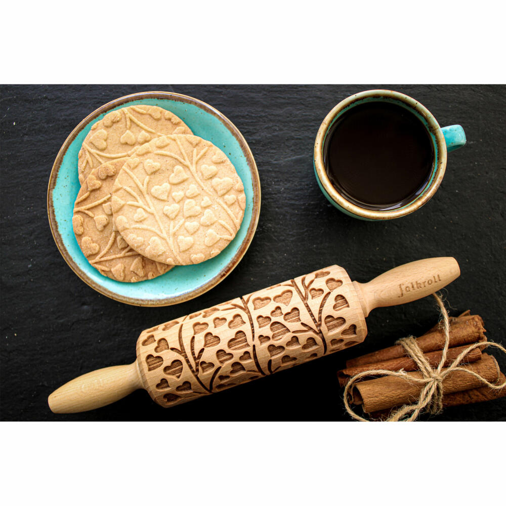 Folkroll rolling pin Spring Hearts, junior, 23 cm, rolling pin, embossing roller, pattern, motif, roll, beech wood, 331651