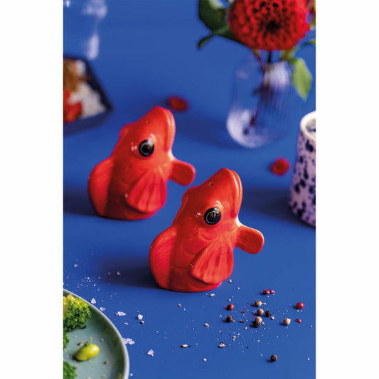 Donkey Products Fishes For Dishes, set of 2, salt shaker, pepper shaker, salt, pepper shaker, stoneware, red, 210730