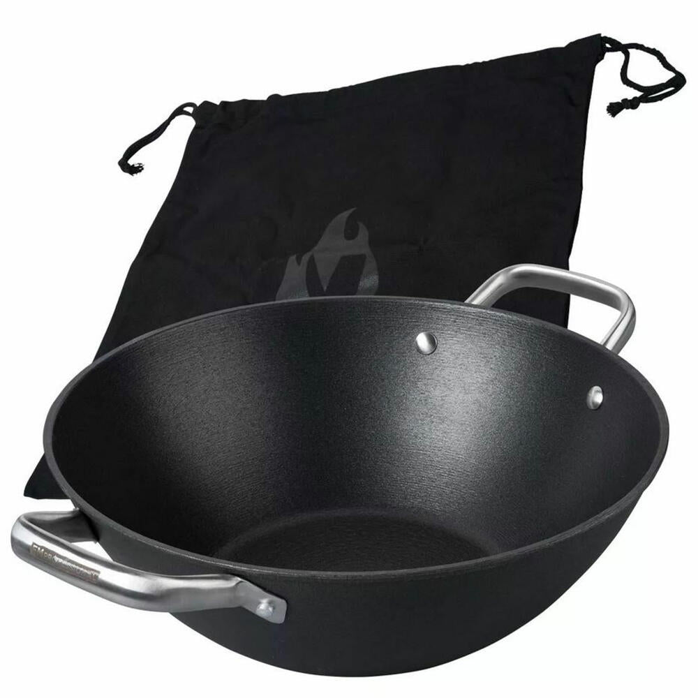 FMprofessional Professional Wok Force, induction compatible, cast iron with stainless steel handles, black, 28 cm, 22173